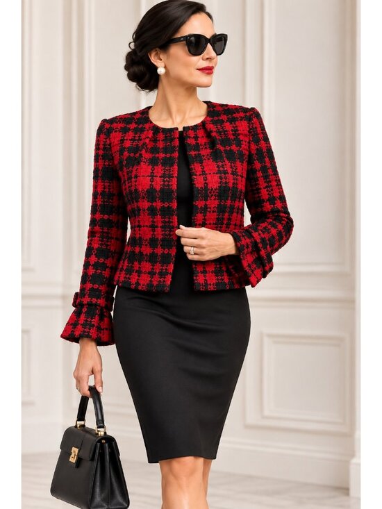 Oleg Cassini Jackets & Blazers - Oleg Cassini Vintage Plaid Wool Blend Lady Jacket Size M Jackie O Style Red Blk
